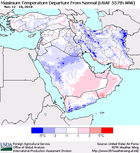 Middle East and Turkey Mean Maximum Temperature Departure from Normal (USAF 557th WW) Thematic Map For 11/12/2018 - 11/18/2018