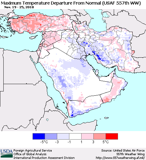 Middle East and Turkey Mean Maximum Temperature Departure from Normal (USAF 557th WW) Thematic Map For 11/19/2018 - 11/25/2018