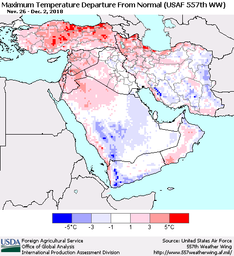 Middle East and Turkey Mean Maximum Temperature Departure from Normal (USAF 557th WW) Thematic Map For 11/26/2018 - 12/2/2018