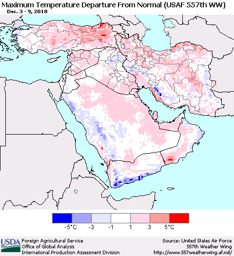 Middle East and Turkey Mean Maximum Temperature Departure from Normal (USAF 557th WW) Thematic Map For 12/3/2018 - 12/9/2018