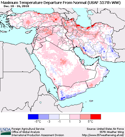 Middle East and Turkey Mean Maximum Temperature Departure from Normal (USAF 557th WW) Thematic Map For 12/10/2018 - 12/16/2018