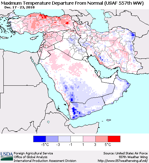 Middle East and Turkey Mean Maximum Temperature Departure from Normal (USAF 557th WW) Thematic Map For 12/17/2018 - 12/23/2018