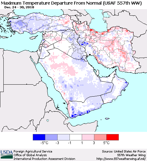 Middle East and Turkey Mean Maximum Temperature Departure from Normal (USAF 557th WW) Thematic Map For 12/24/2018 - 12/30/2018