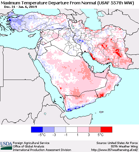 Middle East and Turkey Mean Maximum Temperature Departure from Normal (USAF 557th WW) Thematic Map For 12/31/2018 - 1/6/2019