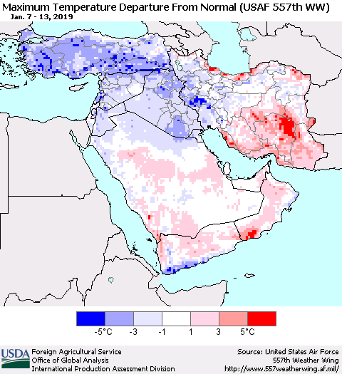 Middle East and Turkey Mean Maximum Temperature Departure from Normal (USAF 557th WW) Thematic Map For 1/7/2019 - 1/13/2019