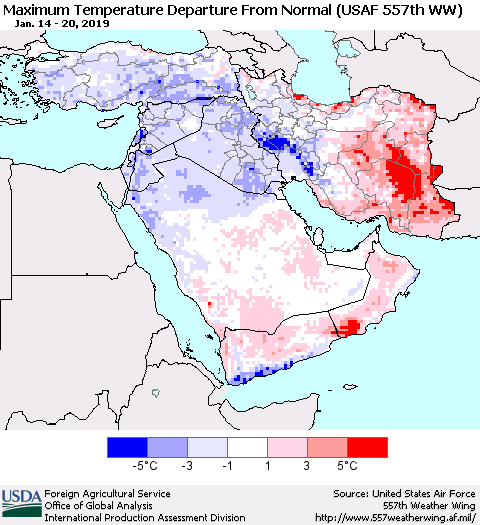Middle East and Turkey Mean Maximum Temperature Departure from Normal (USAF 557th WW) Thematic Map For 1/14/2019 - 1/20/2019
