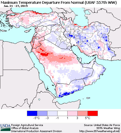 Middle East and Turkey Mean Maximum Temperature Departure from Normal (USAF 557th WW) Thematic Map For 1/21/2019 - 1/27/2019