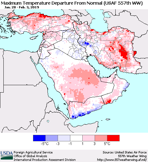 Middle East and Turkey Mean Maximum Temperature Departure from Normal (USAF 557th WW) Thematic Map For 1/28/2019 - 2/3/2019