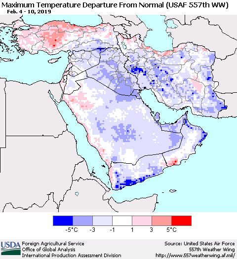 Middle East and Turkey Mean Maximum Temperature Departure from Normal (USAF 557th WW) Thematic Map For 2/4/2019 - 2/10/2019