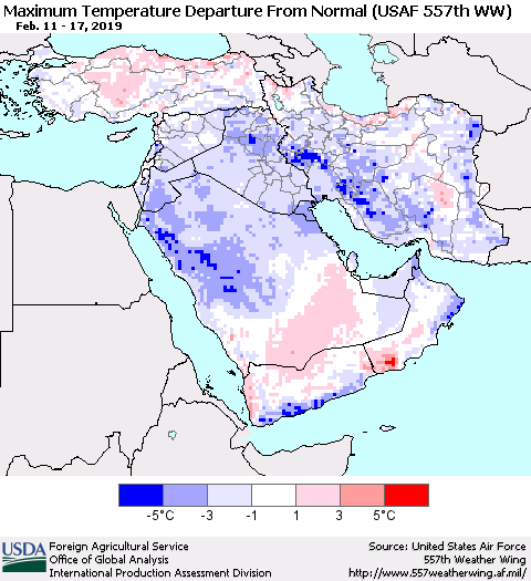 Middle East and Turkey Mean Maximum Temperature Departure from Normal (USAF 557th WW) Thematic Map For 2/11/2019 - 2/17/2019