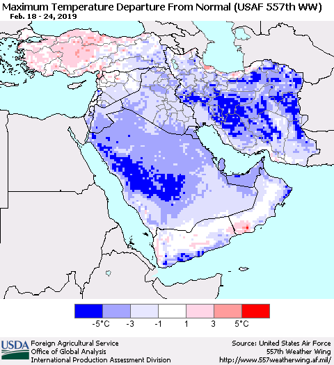 Middle East and Turkey Mean Maximum Temperature Departure from Normal (USAF 557th WW) Thematic Map For 2/18/2019 - 2/24/2019