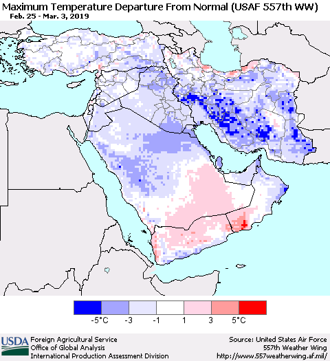 Middle East and Turkey Mean Maximum Temperature Departure from Normal (USAF 557th WW) Thematic Map For 2/25/2019 - 3/3/2019