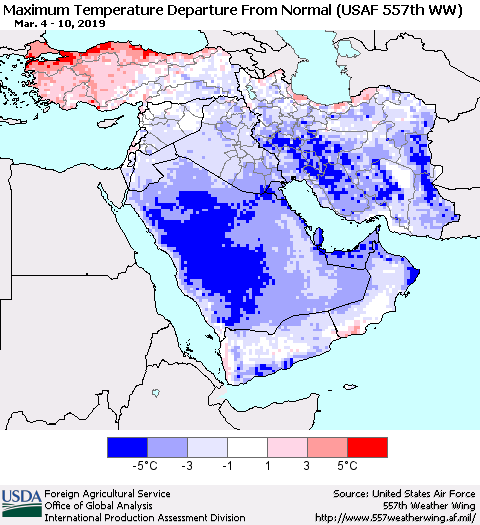 Middle East and Turkey Mean Maximum Temperature Departure from Normal (USAF 557th WW) Thematic Map For 3/4/2019 - 3/10/2019