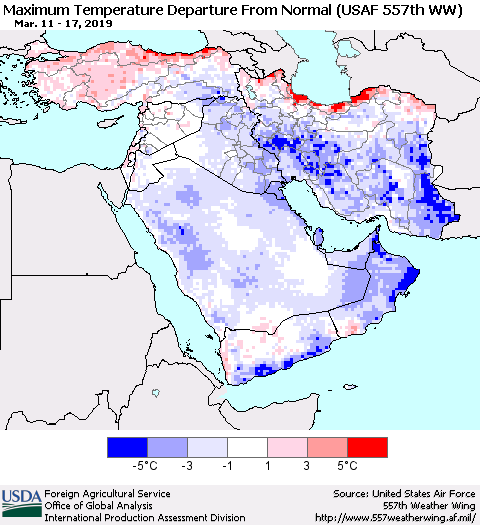 Middle East and Turkey Mean Maximum Temperature Departure from Normal (USAF 557th WW) Thematic Map For 3/11/2019 - 3/17/2019