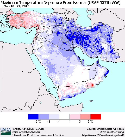 Middle East and Turkey Mean Maximum Temperature Departure from Normal (USAF 557th WW) Thematic Map For 3/18/2019 - 3/24/2019