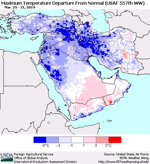 Middle East and Turkey Mean Maximum Temperature Departure from Normal (USAF 557th WW) Thematic Map For 3/25/2019 - 3/31/2019
