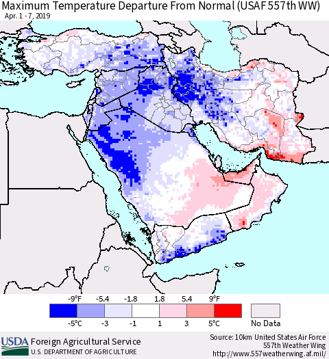 Middle East and Turkey Mean Maximum Temperature Departure from Normal (USAF 557th WW) Thematic Map For 4/1/2019 - 4/7/2019
