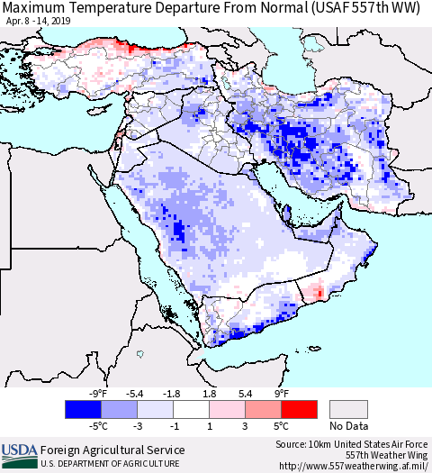 Middle East and Turkey Mean Maximum Temperature Departure from Normal (USAF 557th WW) Thematic Map For 4/8/2019 - 4/14/2019