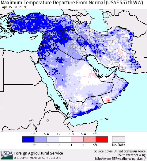 Middle East and Turkey Mean Maximum Temperature Departure from Normal (USAF 557th WW) Thematic Map For 4/15/2019 - 4/21/2019
