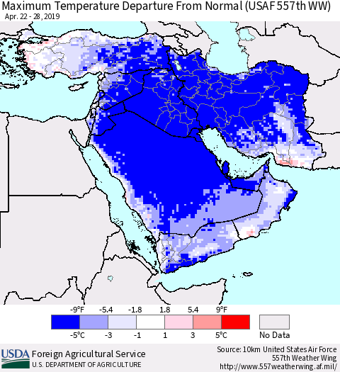 Middle East and Turkey Mean Maximum Temperature Departure from Normal (USAF 557th WW) Thematic Map For 4/22/2019 - 4/28/2019