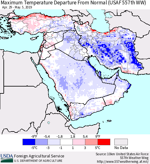 Middle East and Turkey Mean Maximum Temperature Departure from Normal (USAF 557th WW) Thematic Map For 4/29/2019 - 5/5/2019