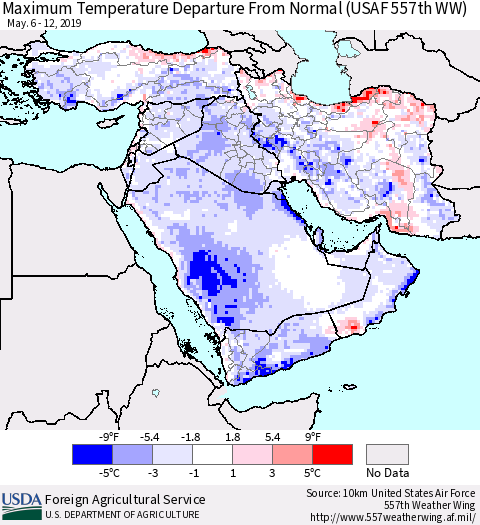 Middle East and Turkey Mean Maximum Temperature Departure from Normal (USAF 557th WW) Thematic Map For 5/6/2019 - 5/12/2019