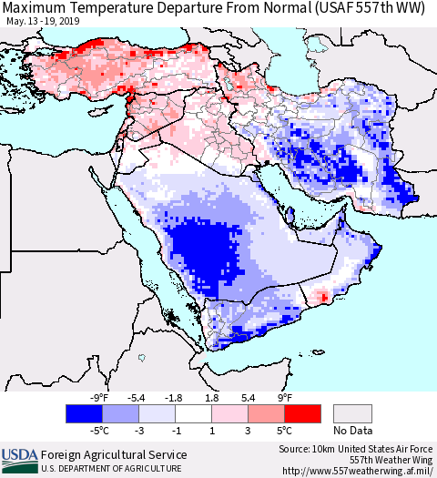 Middle East and Turkey Mean Maximum Temperature Departure from Normal (USAF 557th WW) Thematic Map For 5/13/2019 - 5/19/2019