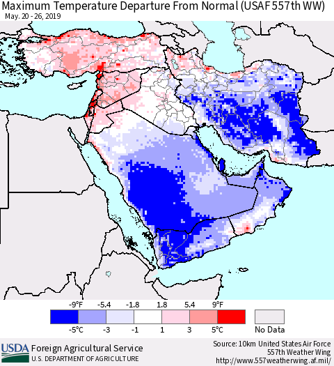 Middle East and Turkey Mean Maximum Temperature Departure from Normal (USAF 557th WW) Thematic Map For 5/20/2019 - 5/26/2019