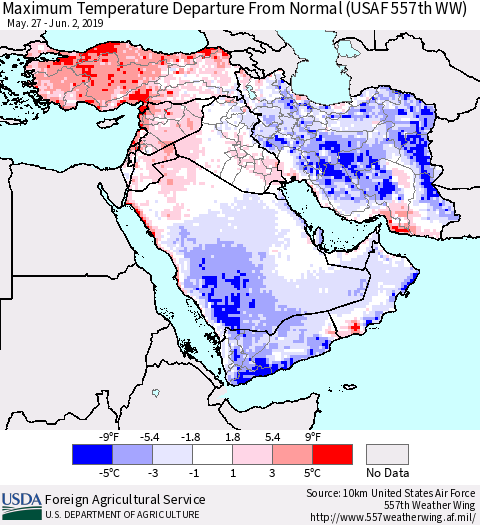 Middle East and Turkey Mean Maximum Temperature Departure from Normal (USAF 557th WW) Thematic Map For 5/27/2019 - 6/2/2019