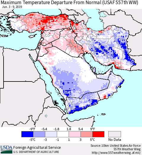 Middle East and Turkey Mean Maximum Temperature Departure from Normal (USAF 557th WW) Thematic Map For 6/3/2019 - 6/9/2019