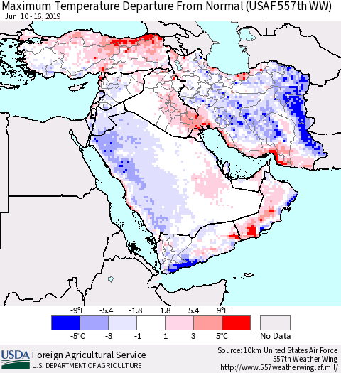 Middle East and Turkey Mean Maximum Temperature Departure from Normal (USAF 557th WW) Thematic Map For 6/10/2019 - 6/16/2019