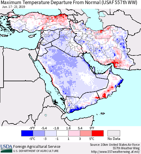 Middle East and Turkey Mean Maximum Temperature Departure from Normal (USAF 557th WW) Thematic Map For 6/17/2019 - 6/23/2019