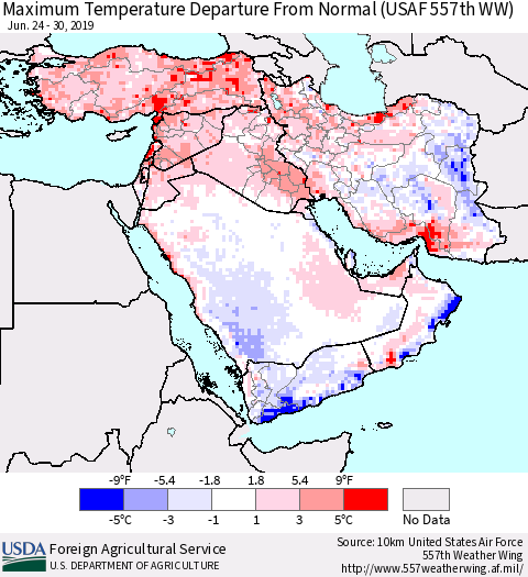 Middle East and Turkey Mean Maximum Temperature Departure from Normal (USAF 557th WW) Thematic Map For 6/24/2019 - 6/30/2019