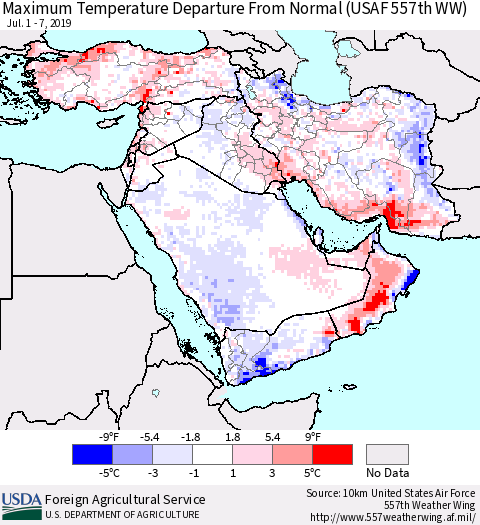 Middle East and Turkey Mean Maximum Temperature Departure from Normal (USAF 557th WW) Thematic Map For 7/1/2019 - 7/7/2019