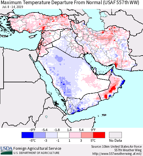 Middle East and Turkey Mean Maximum Temperature Departure from Normal (USAF 557th WW) Thematic Map For 7/8/2019 - 7/14/2019