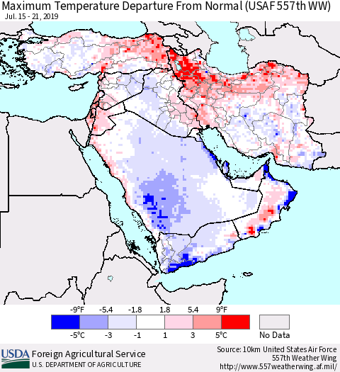Middle East and Turkey Mean Maximum Temperature Departure from Normal (USAF 557th WW) Thematic Map For 7/15/2019 - 7/21/2019