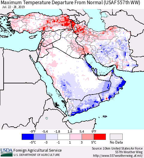 Middle East and Turkey Mean Maximum Temperature Departure from Normal (USAF 557th WW) Thematic Map For 7/22/2019 - 7/28/2019