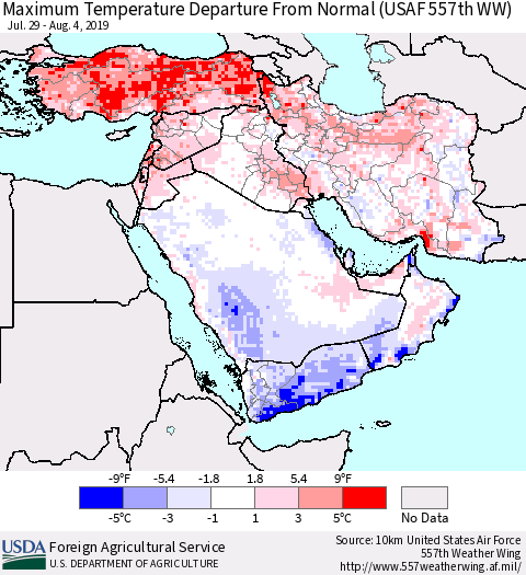 Middle East and Turkey Mean Maximum Temperature Departure from Normal (USAF 557th WW) Thematic Map For 7/29/2019 - 8/4/2019