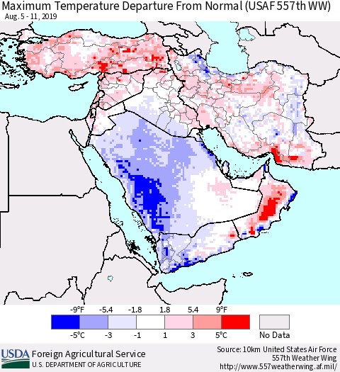 Middle East and Turkey Mean Maximum Temperature Departure from Normal (USAF 557th WW) Thematic Map For 8/5/2019 - 8/11/2019