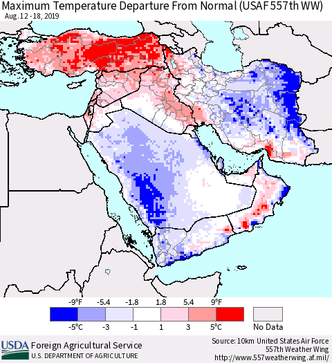 Middle East and Turkey Mean Maximum Temperature Departure from Normal (USAF 557th WW) Thematic Map For 8/12/2019 - 8/18/2019