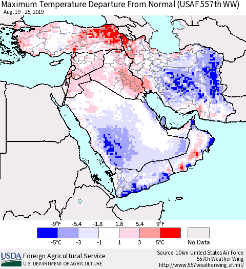 Middle East and Turkey Mean Maximum Temperature Departure from Normal (USAF 557th WW) Thematic Map For 8/19/2019 - 8/25/2019