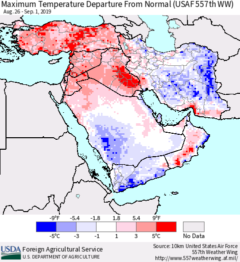 Middle East and Turkey Mean Maximum Temperature Departure from Normal (USAF 557th WW) Thematic Map For 8/26/2019 - 9/1/2019