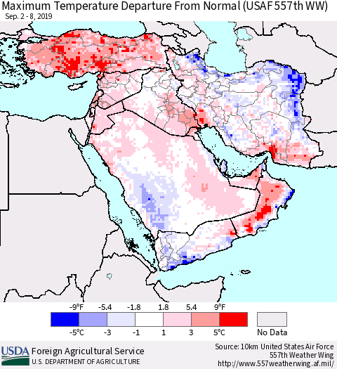 Middle East and Turkey Mean Maximum Temperature Departure from Normal (USAF 557th WW) Thematic Map For 9/2/2019 - 9/8/2019