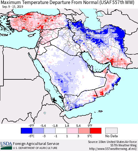 Middle East and Turkey Mean Maximum Temperature Departure from Normal (USAF 557th WW) Thematic Map For 9/9/2019 - 9/15/2019