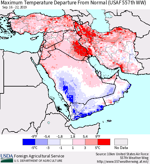 Middle East and Turkey Mean Maximum Temperature Departure from Normal (USAF 557th WW) Thematic Map For 9/16/2019 - 9/22/2019