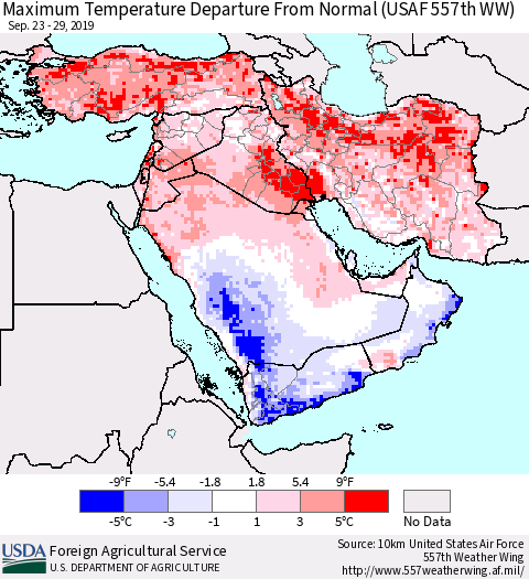 Middle East and Turkey Mean Maximum Temperature Departure from Normal (USAF 557th WW) Thematic Map For 9/23/2019 - 9/29/2019