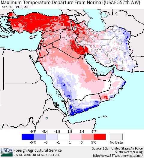 Middle East and Turkey Mean Maximum Temperature Departure from Normal (USAF 557th WW) Thematic Map For 9/30/2019 - 10/6/2019