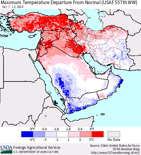 Middle East and Turkey Mean Maximum Temperature Departure from Normal (USAF 557th WW) Thematic Map For 10/7/2019 - 10/13/2019
