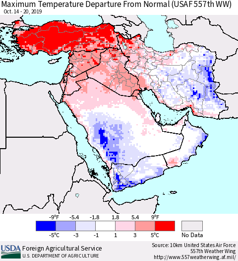 Middle East and Turkey Mean Maximum Temperature Departure from Normal (USAF 557th WW) Thematic Map For 10/14/2019 - 10/20/2019