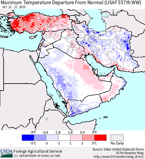 Middle East and Turkey Mean Maximum Temperature Departure from Normal (USAF 557th WW) Thematic Map For 10/21/2019 - 10/27/2019